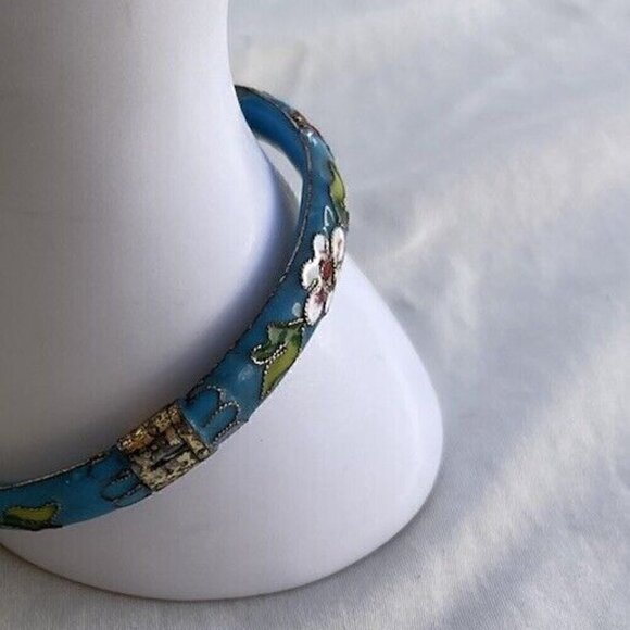 Vintage Cloisonne Women’s bangle Bracelet Light Blue Turquoise color floral 7.5” - Picture 3 of 14